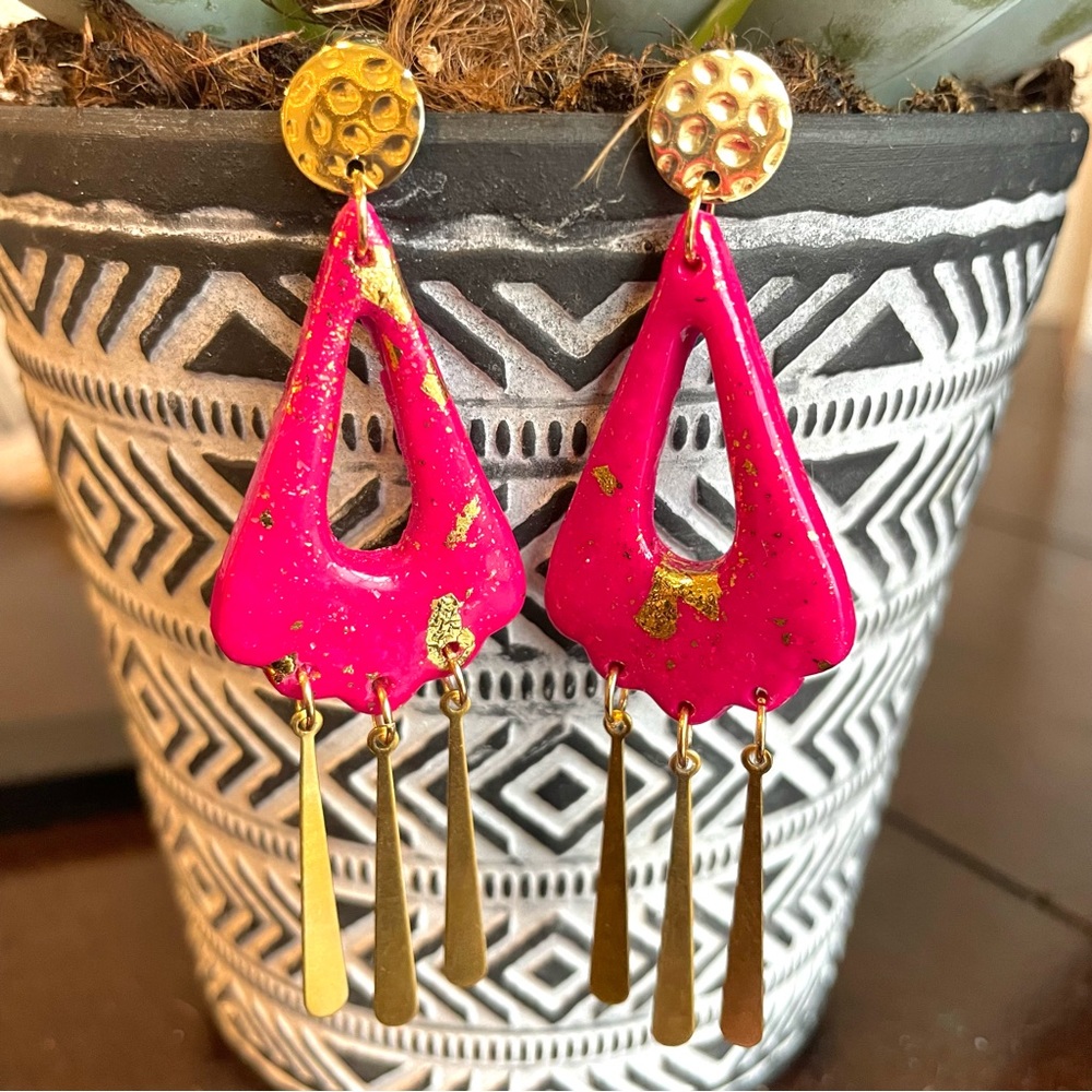 Boho Pink Gold Geometric Clay Earrings